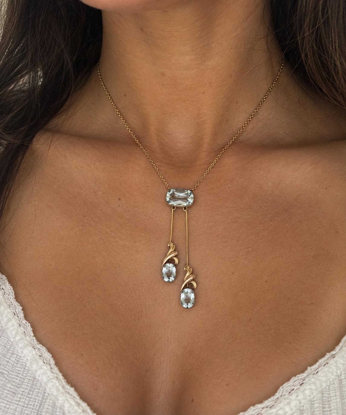 Victorian 14K Yellow Gold Bezel Set Aquamarine Drop Necklace - VHK#113