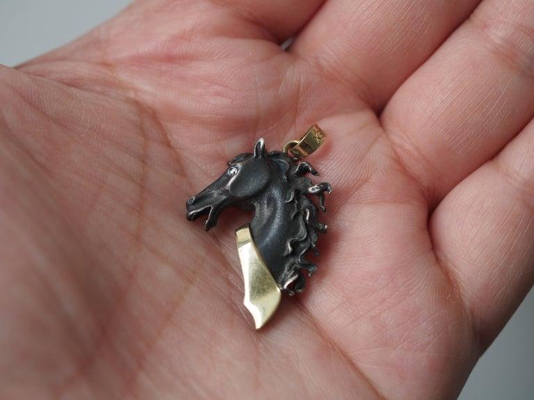 1970 Black Stallion Horse Pendant 14K Yellow Gold with Diamond Eye - VHK#373