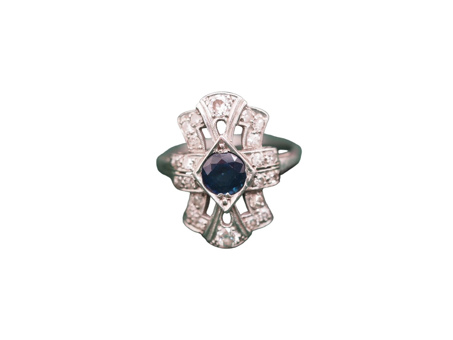 1920 Art Deco Platinum .40cttw Old European Diamond Sapphire Engagement Ring