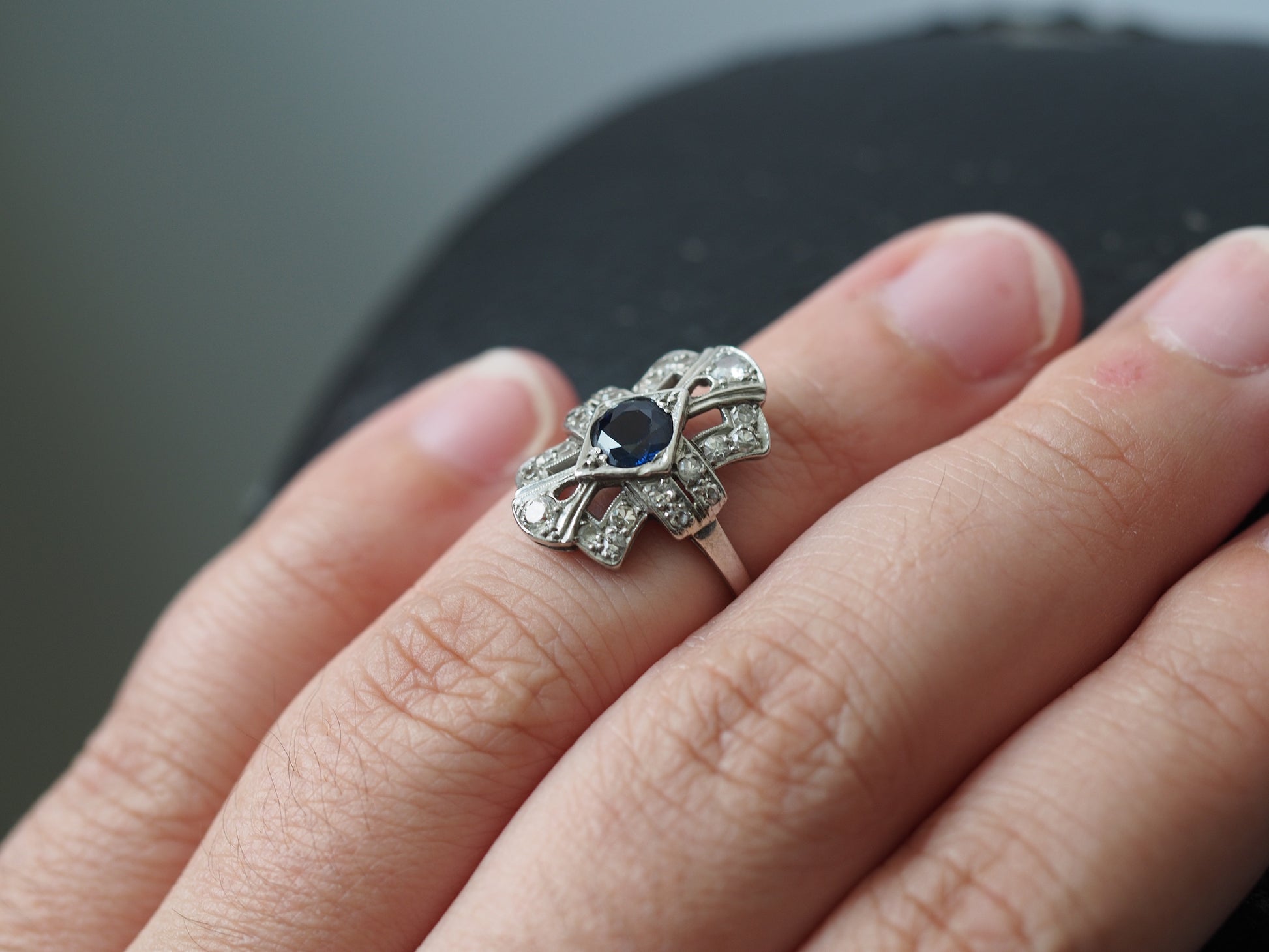 1920 Art Deco Platinum .40cttw Old European Diamond Sapphire Engagement Ring