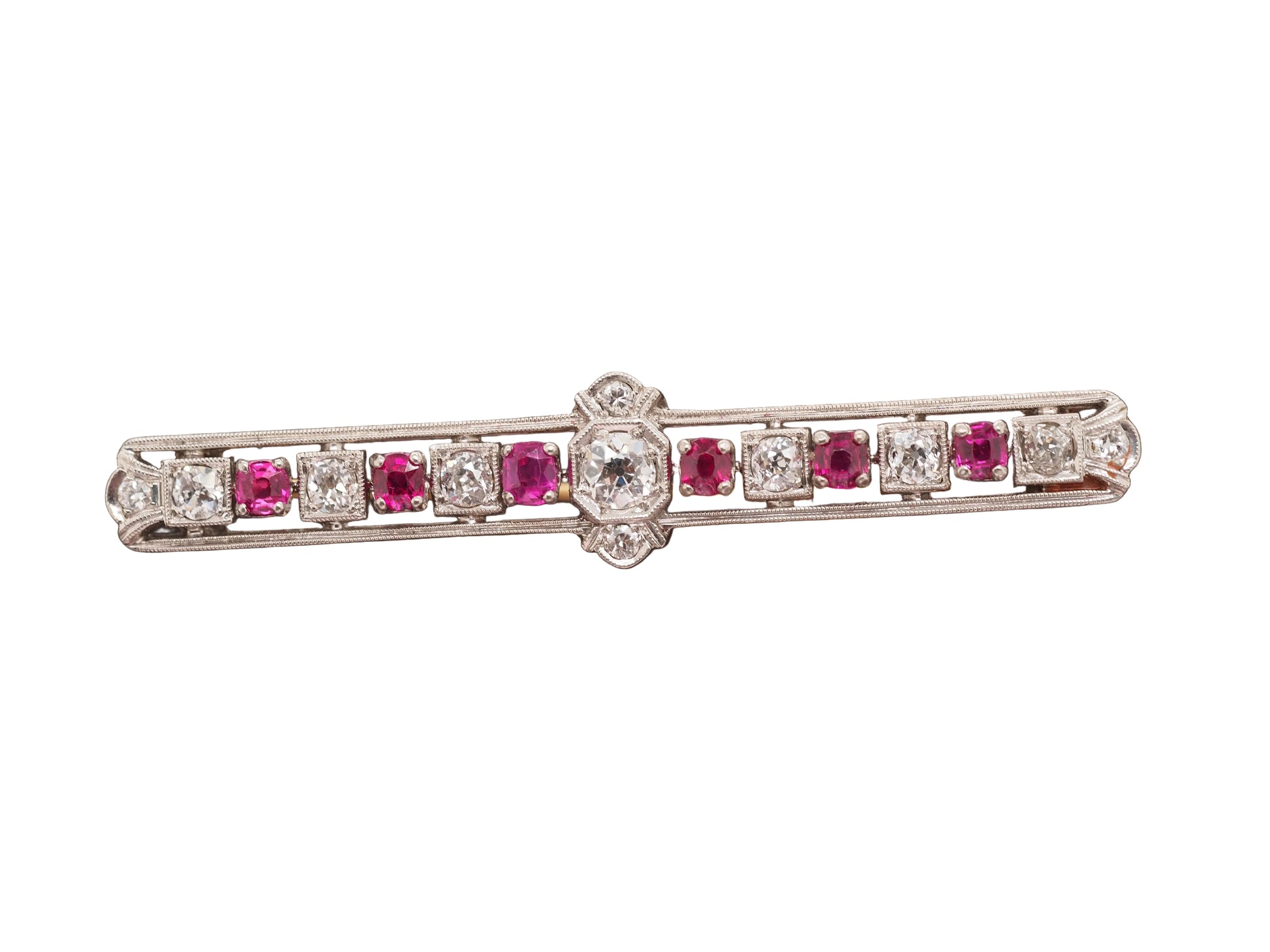 1920 Art Deco Platinum 1.00cttw Old European Diamond Ruby Oval Pin