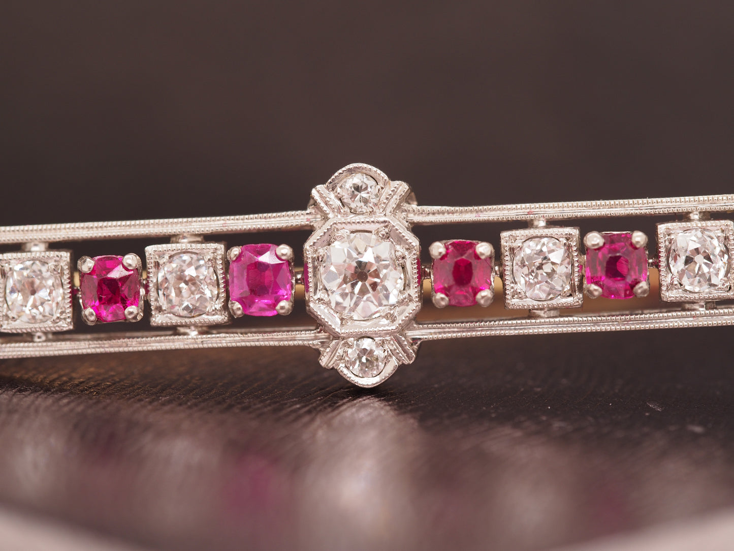 1920 Art Deco Platinum 1.00cttw Old European Diamond Ruby Oval Pin