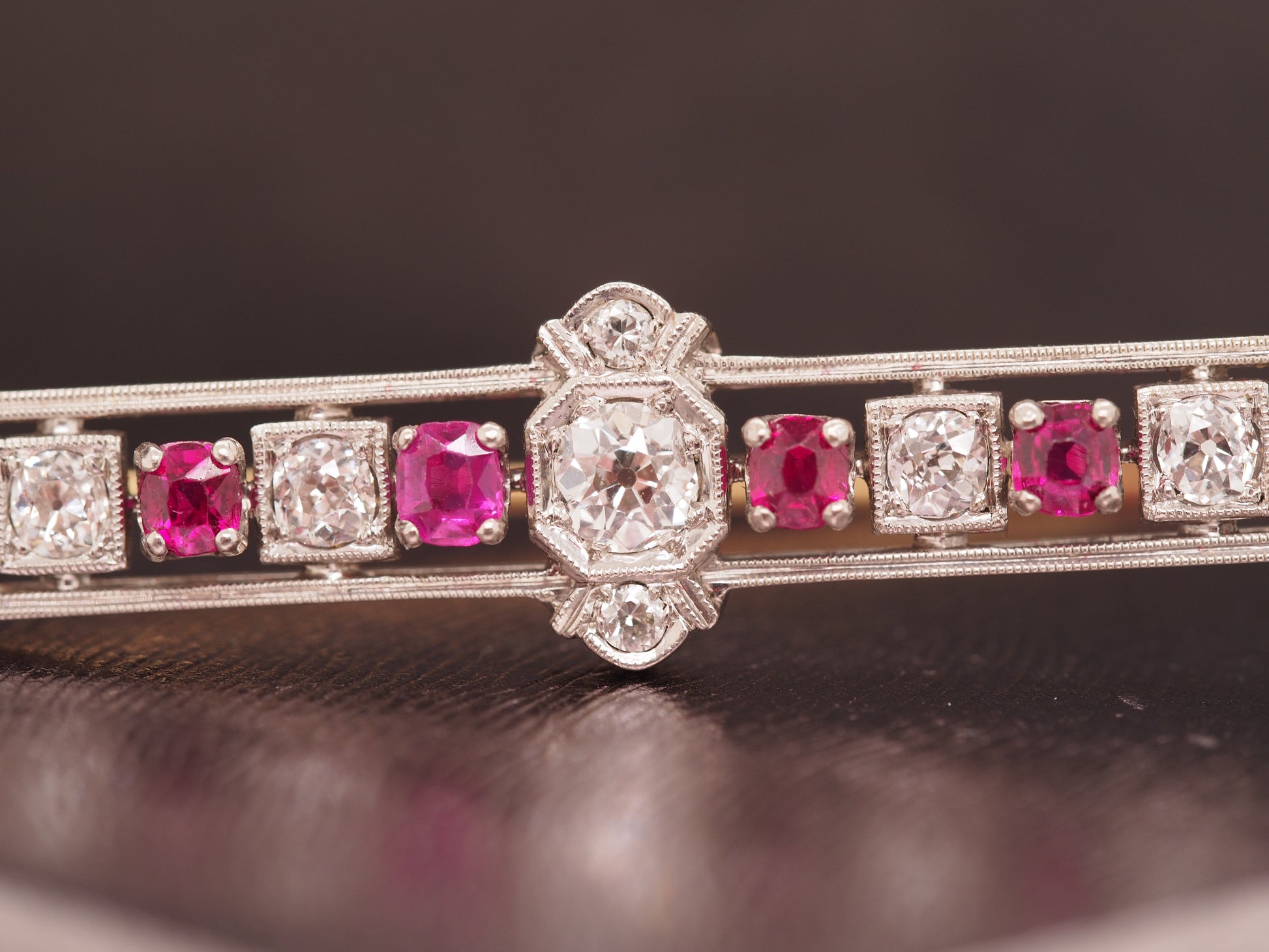 1920 Art Deco Platinum 1.00cttw Old European Diamond Ruby Oval Pin