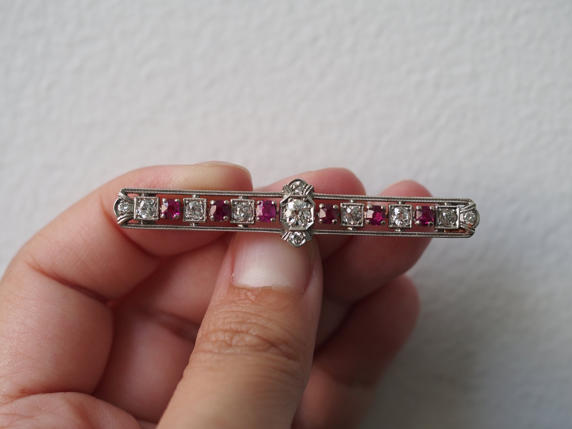 1920 Art Deco Platinum 1.00cttw Old European Diamond Ruby Oval Pin