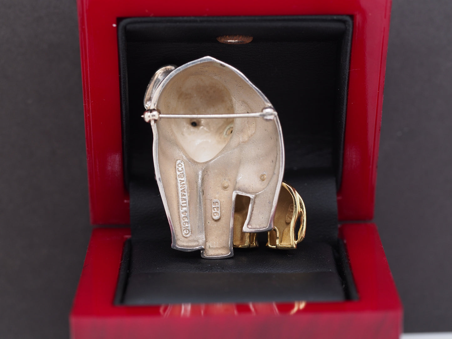 1994 Tiffany and Co. 18K Yellow Gold/Sterling Silver Sapphire Elephant &Baby Pin
