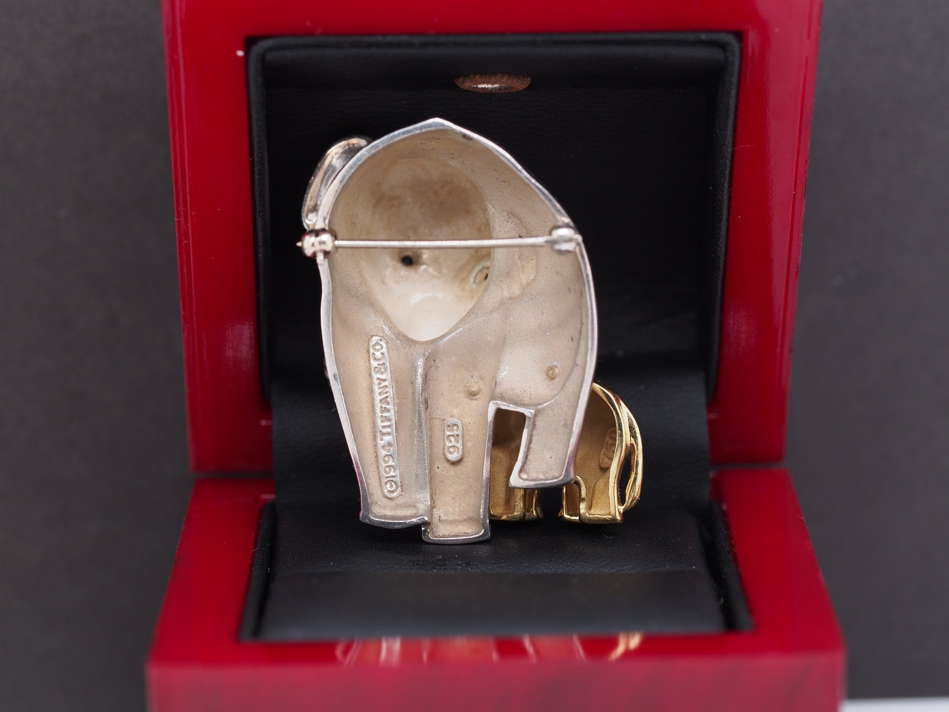 1994 Tiffany and Co. 18K Yellow Gold/Sterling Silver Sapphire Elephant &Baby Pin
