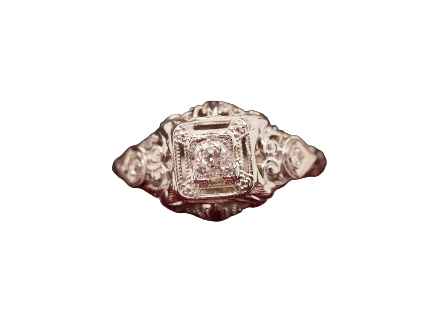 Circa 1930s 18K White Gold Old European Cut Brilliant Diamond Engagement Ring