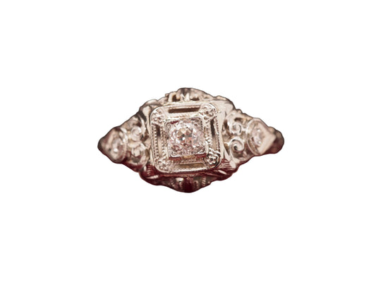 Circa 1930s 18K White Gold Old European Cut Brilliant Diamond Engagement Ring
