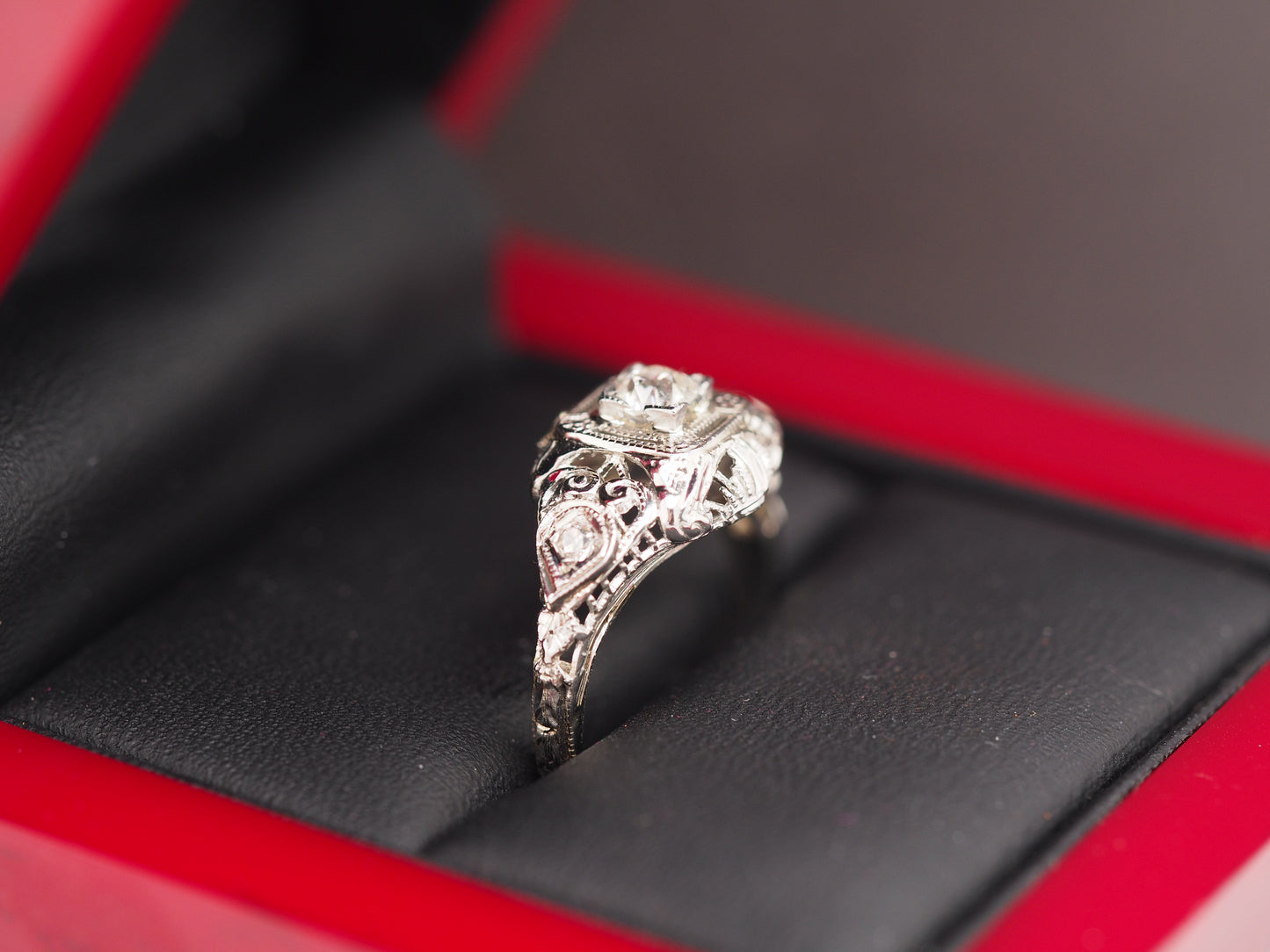 Circa 1930s 18K White Gold Old European Cut Brilliant Diamond Engagement Ring