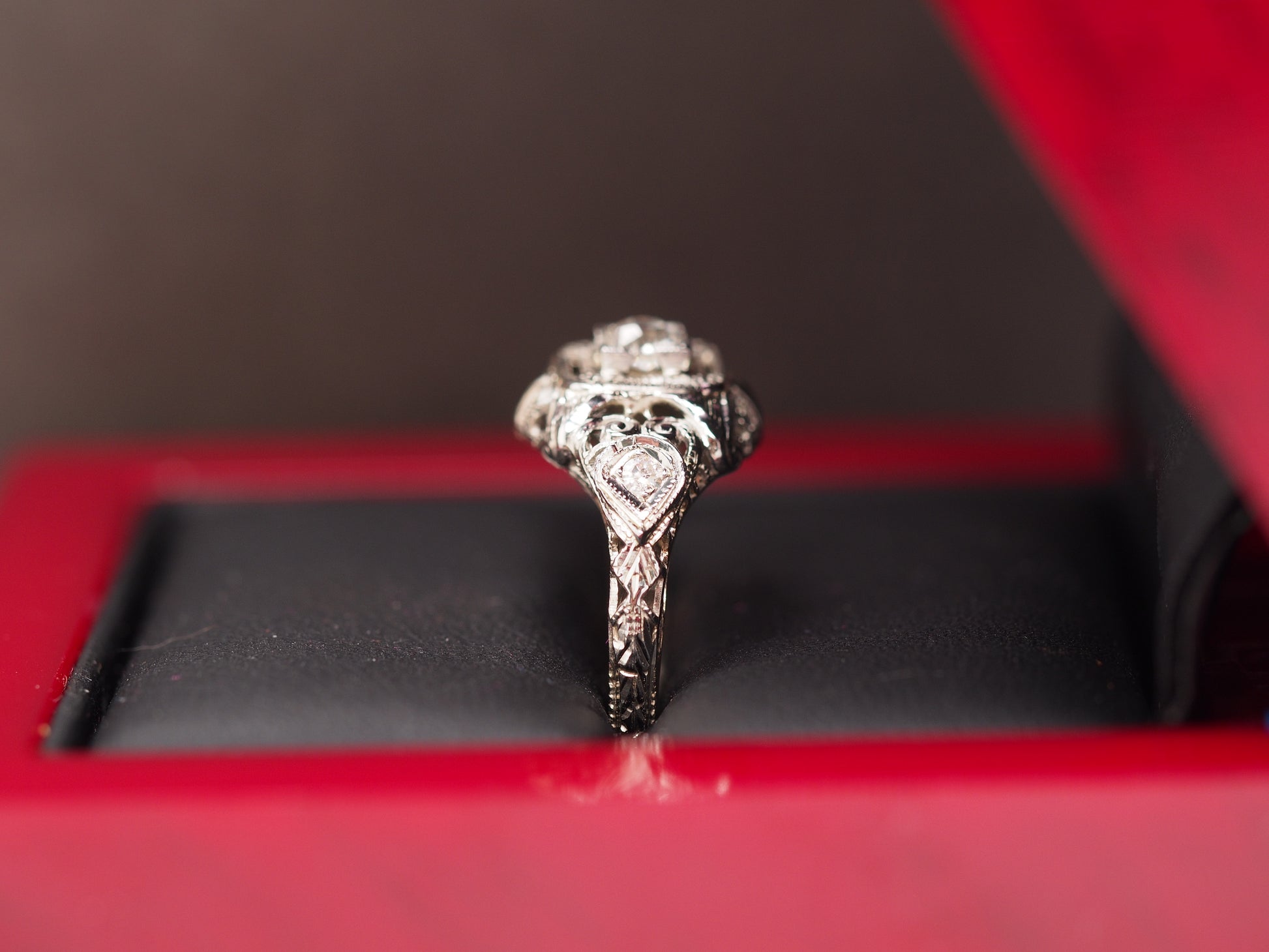 Circa 1930s 18K White Gold Old European Cut Brilliant Diamond Engagement Ring