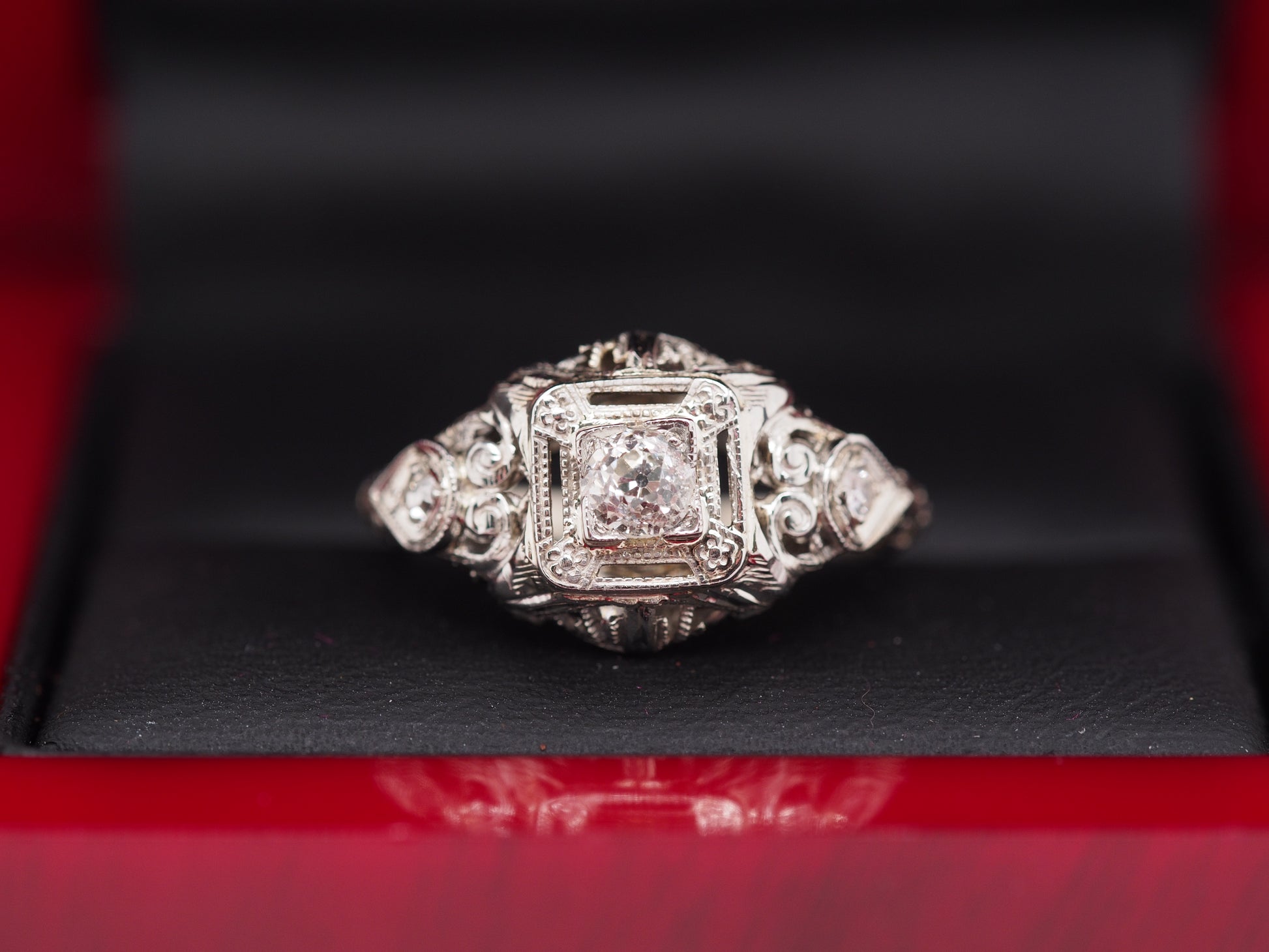 Circa 1930s 18K White Gold Old European Cut Brilliant Diamond Engagement Ring