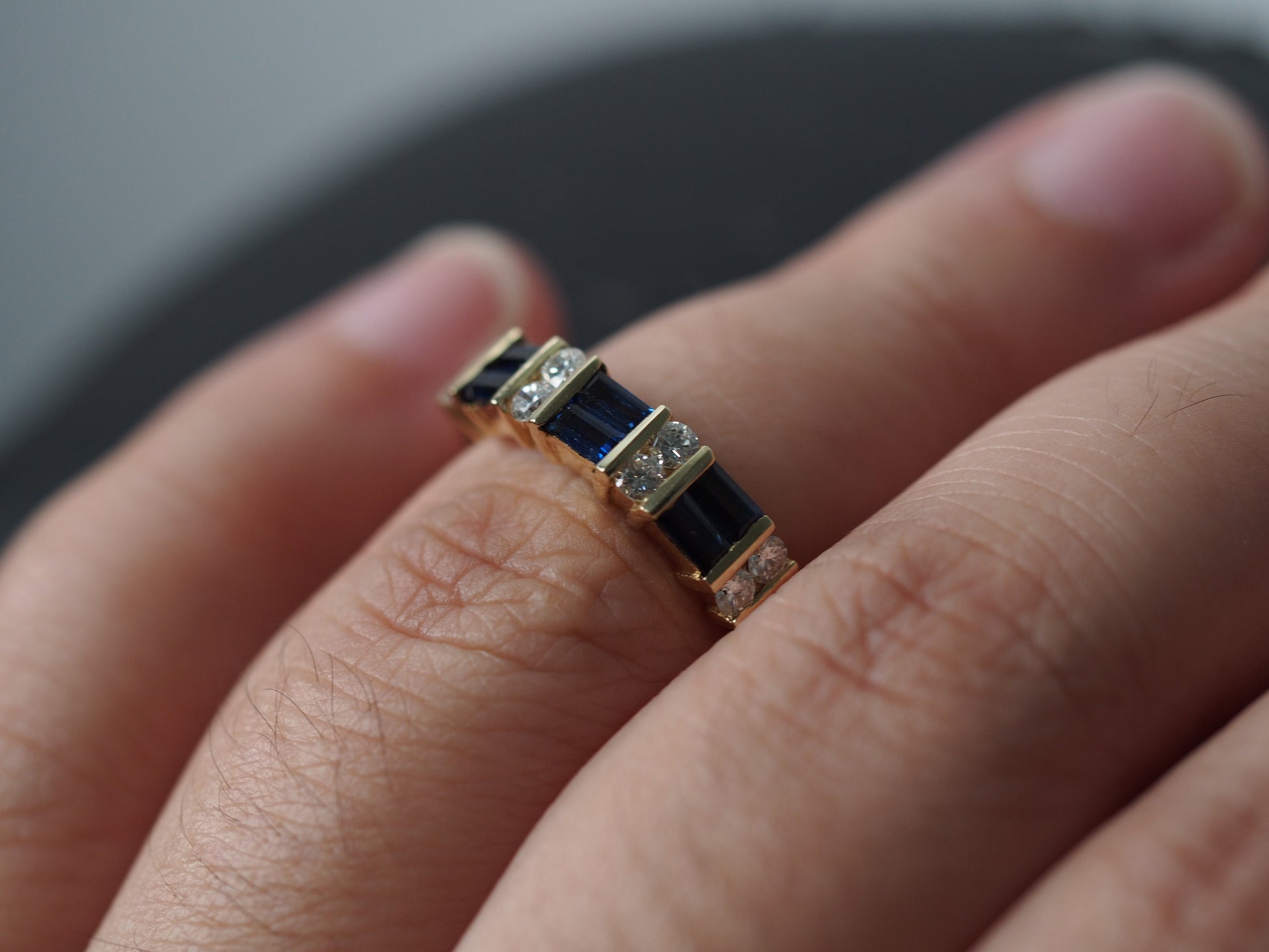 14K Yellow Gold Sapphire and Diamond Wedding Band Ring