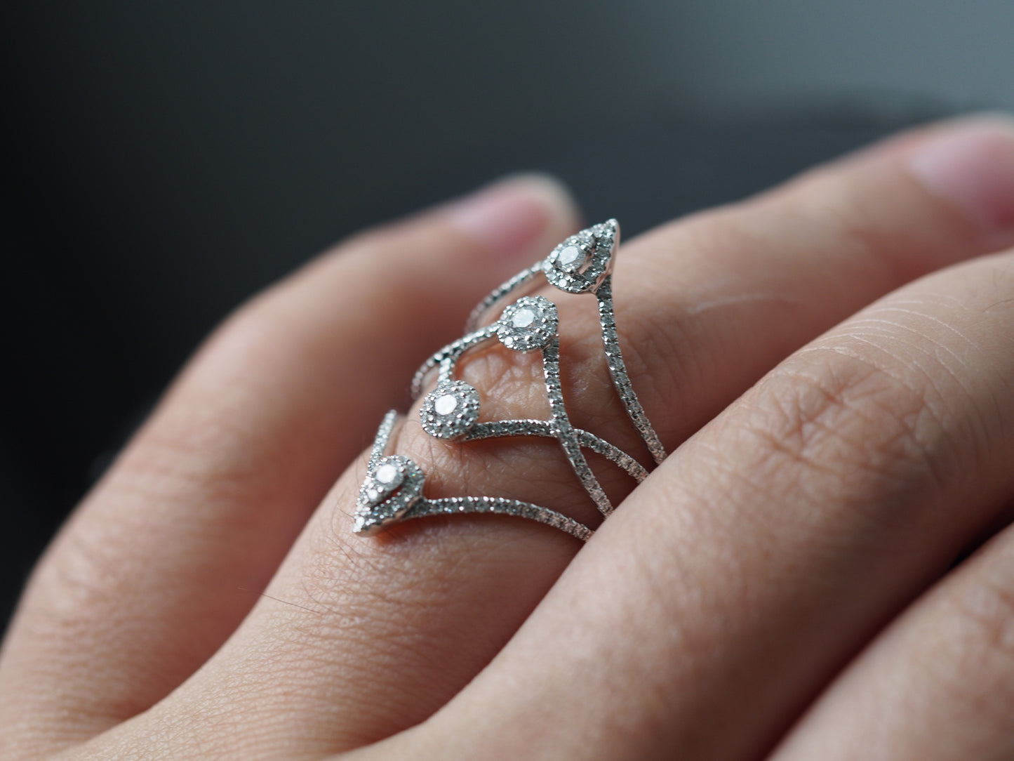 14K White Gold Diamond 4 Tier Finger Cocktail Ring