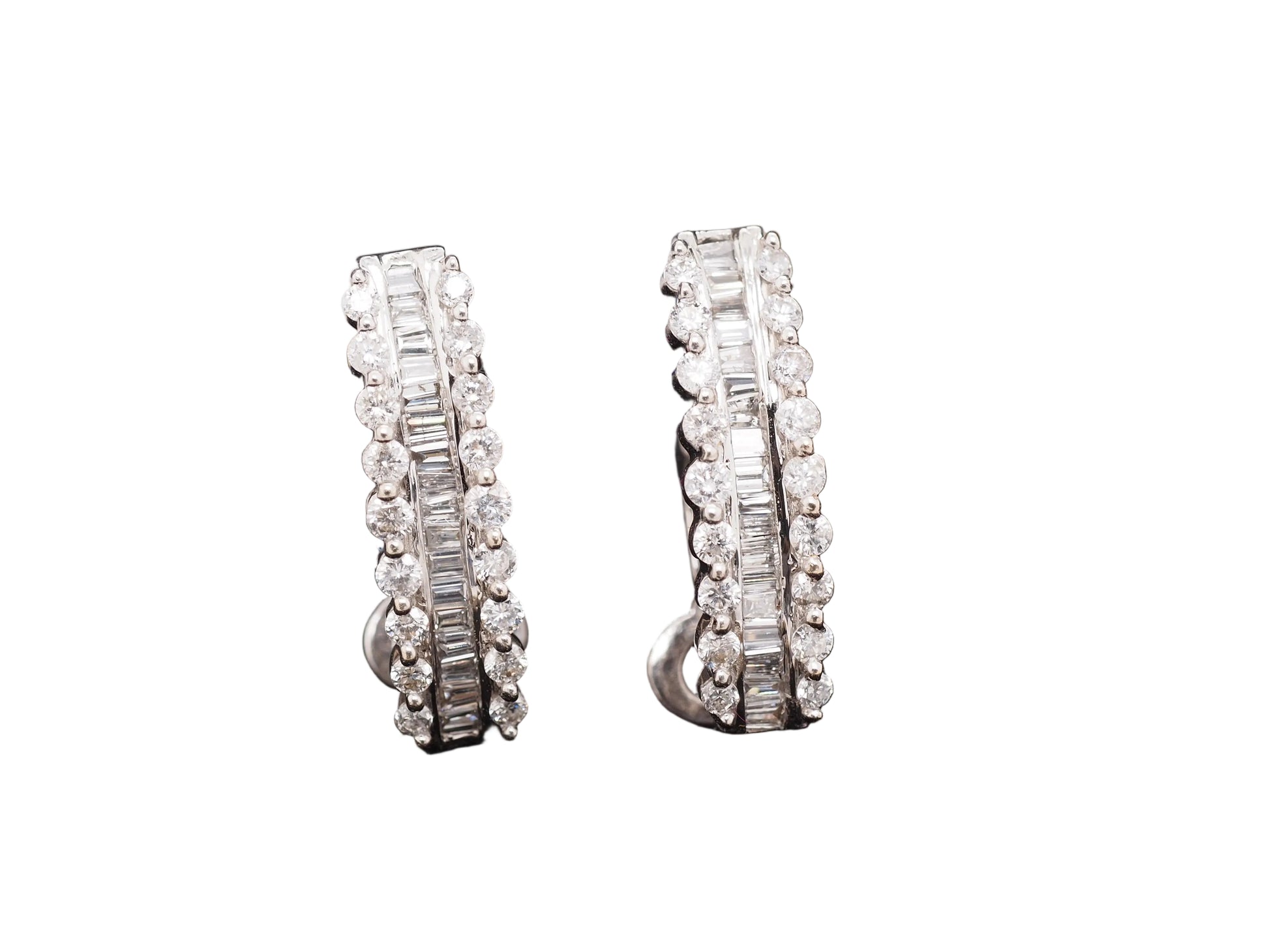 1990 14K White Gold 1.60cttw Round/Baguette Diamond Earrings