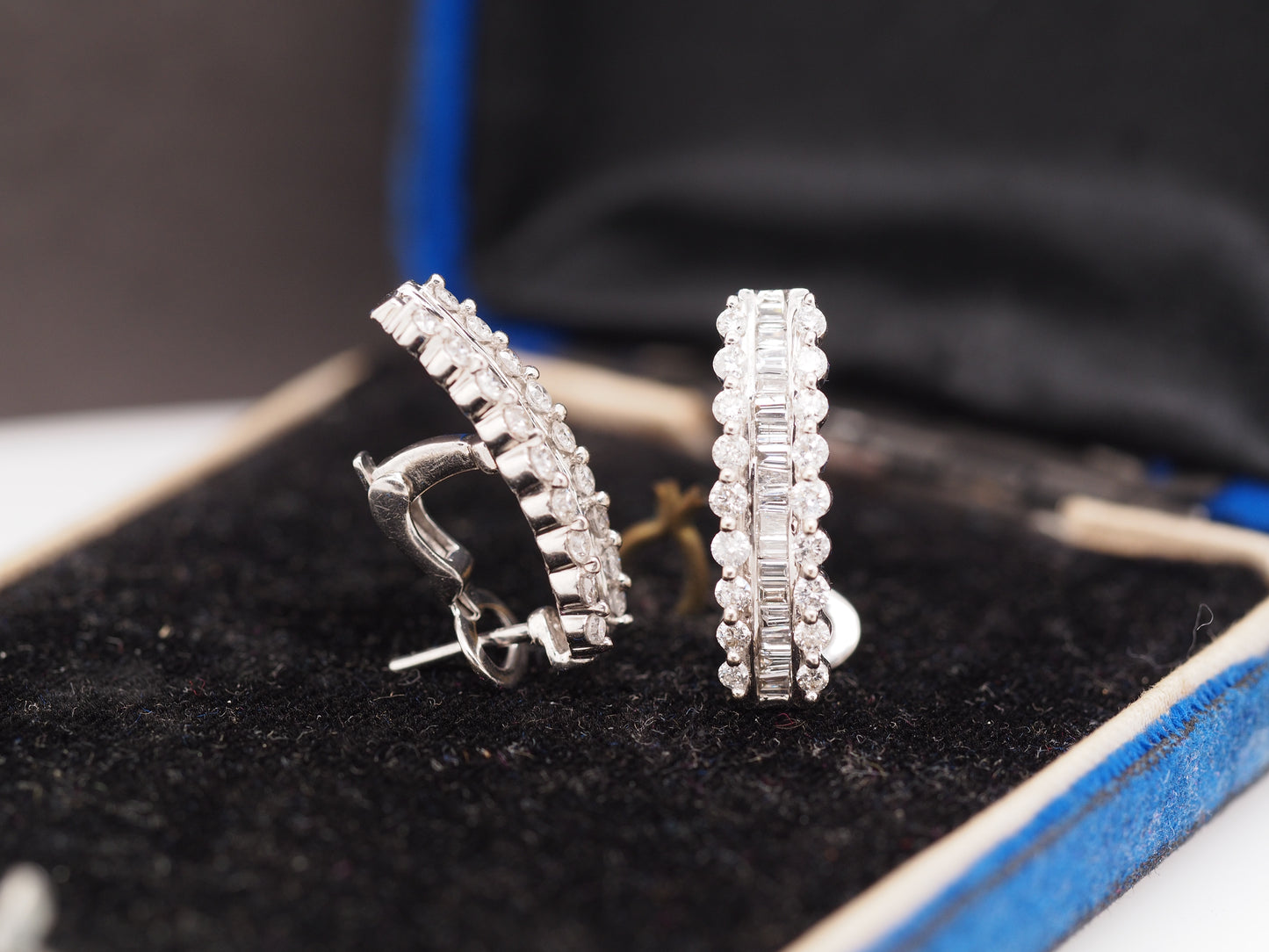 1990 14K White Gold 1.60cttw Round/Baguette Diamond Earrings