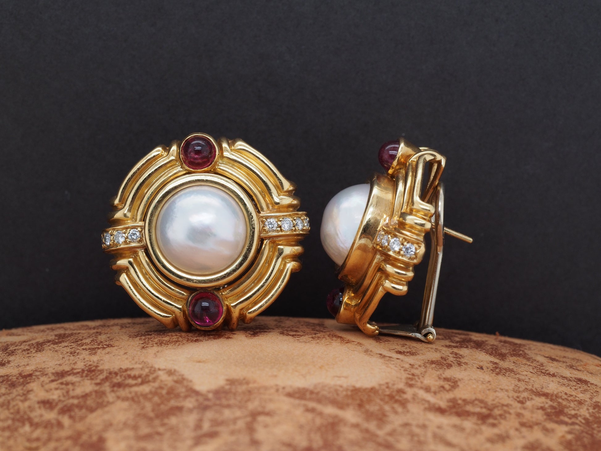 18K Yellow Gold Mabe Pearl, Tourmaline and Diamond Earrings
