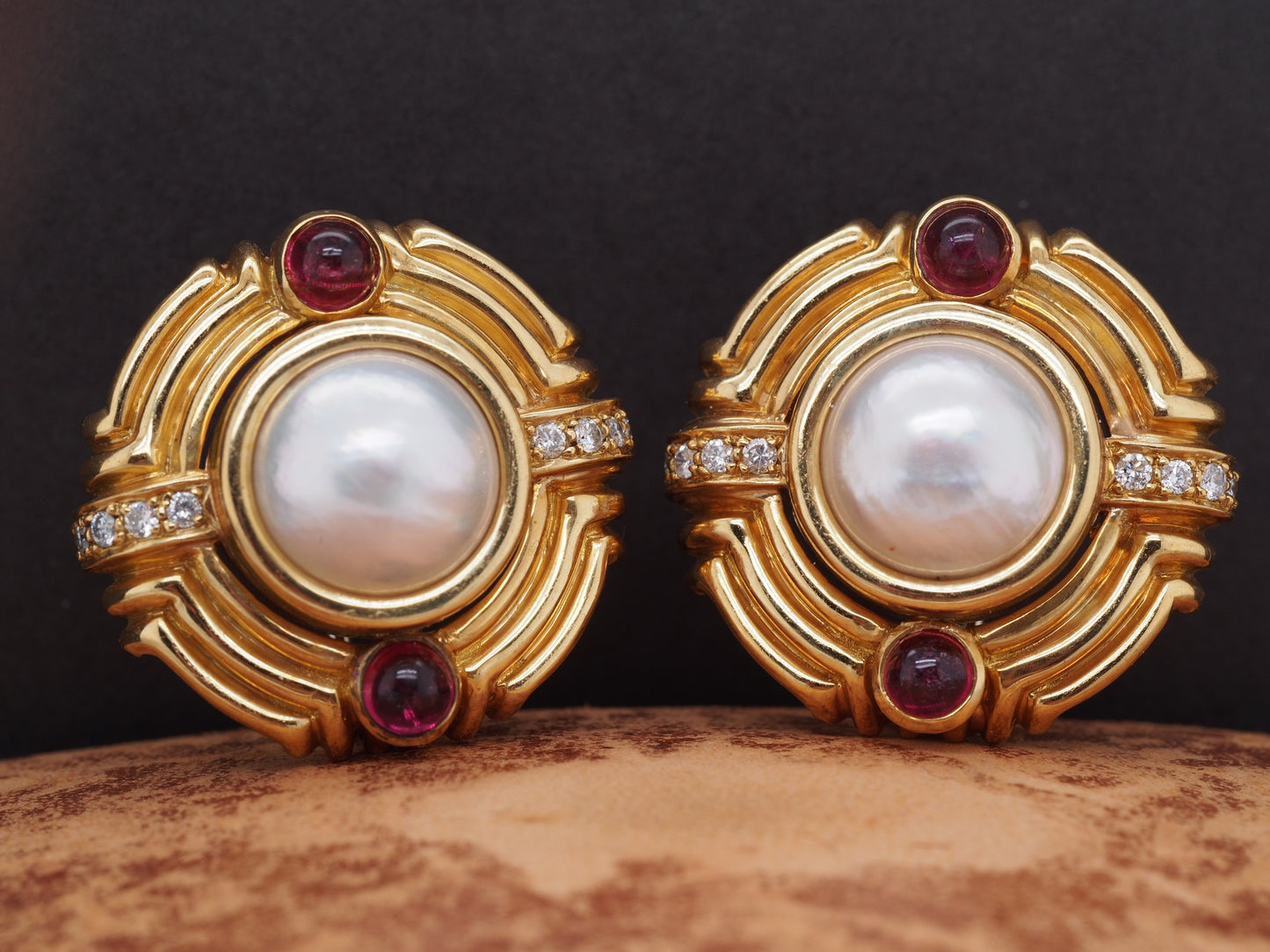 18K Yellow Gold Mabe Pearl, Tourmaline and Diamond Earrings