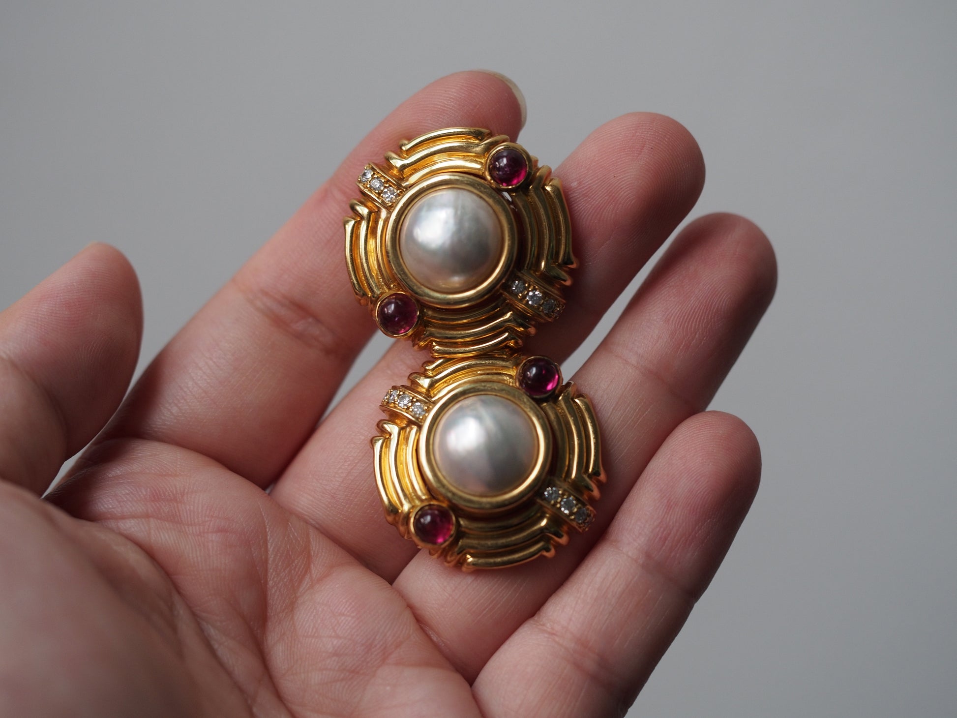 18K Yellow Gold Mabe Pearl, Tourmaline and Diamond Earrings