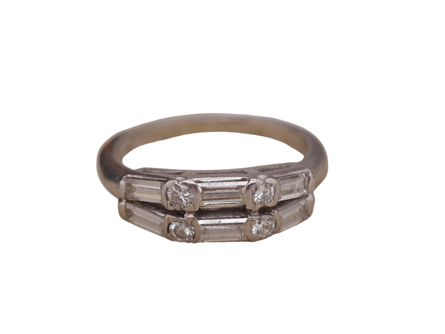 1940s Platinum Double Row Baguette and Transitional Round Wedding Band