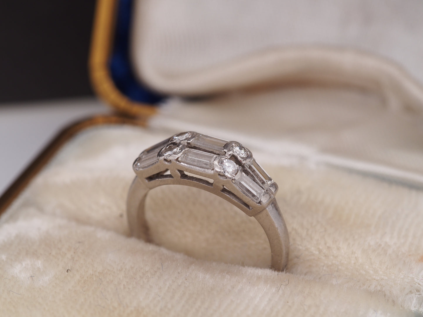 1940s Platinum Double Row Baguette and Transitional Round Wedding Band