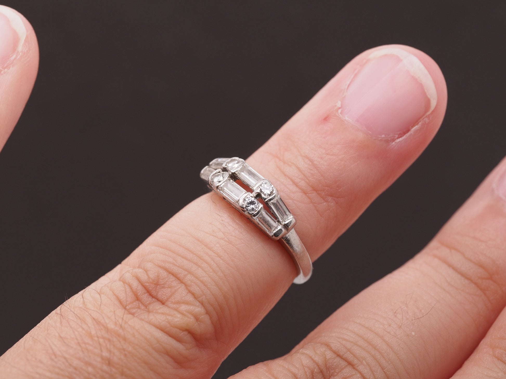 1940s Platinum Double Row Baguette and Transitional Round Wedding Band