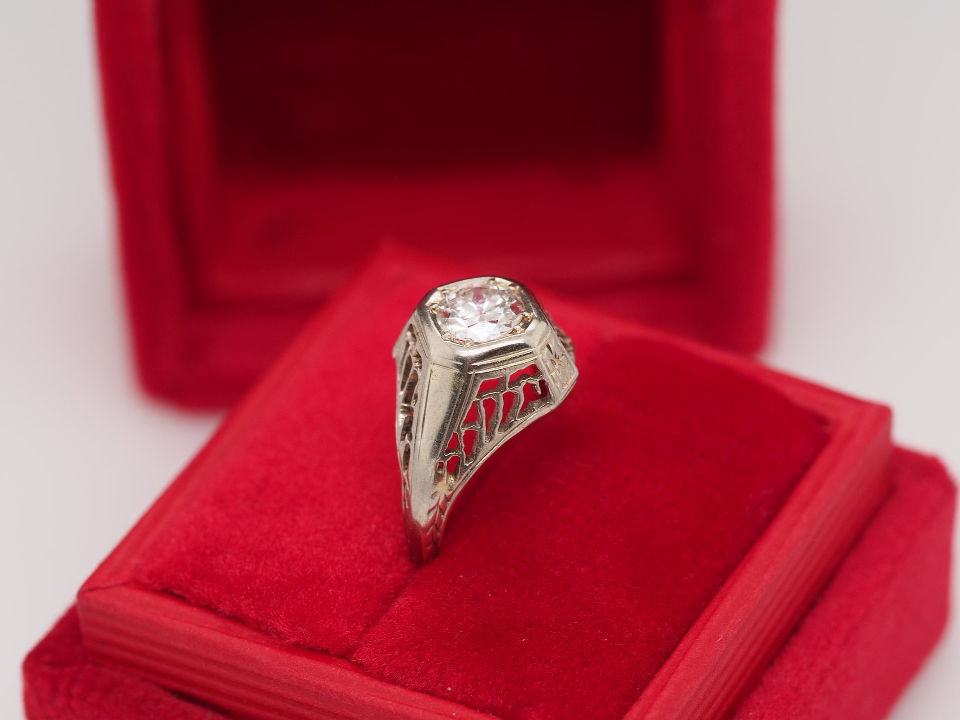 Circa 1930s 18K White Gold .35ct Old European Brilliant Diamond Engagement Ring