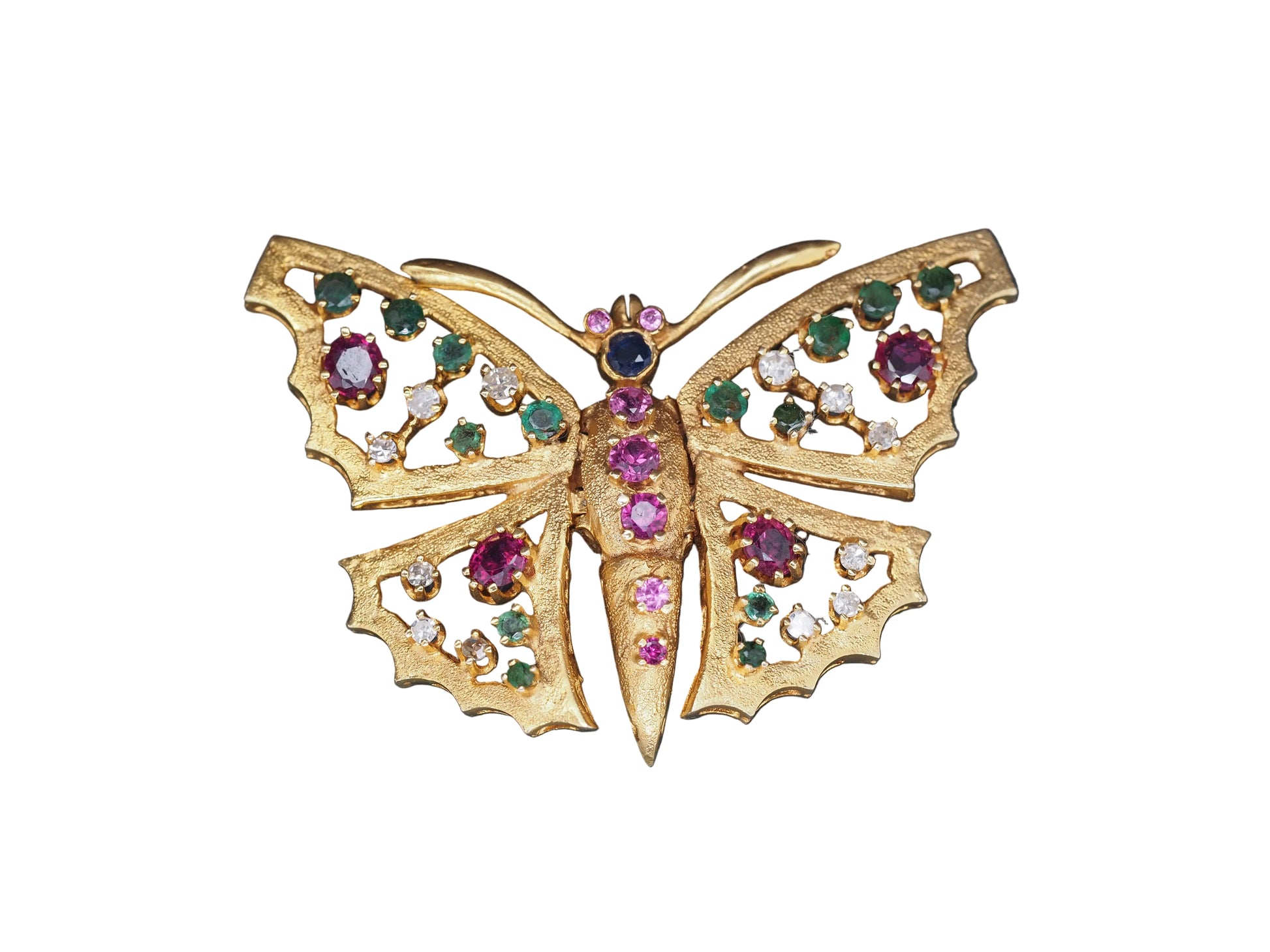 14K Yellow Gold Butterfly Brooch with Hinged Wings and Diamonds, Rubies, Emerald