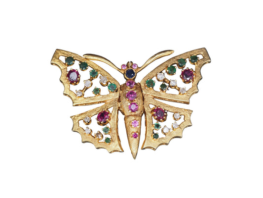 14K Yellow Gold Butterfly Brooch with Hinged Wings and Diamonds, Rubies, Emerald