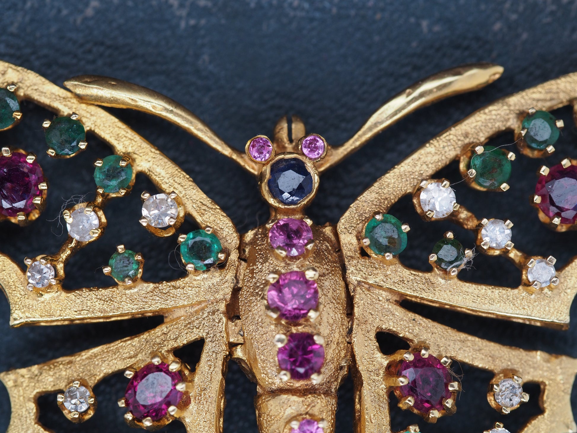 14K Yellow Gold Butterfly Brooch with Hinged Wings and Diamonds, Rubies, Emerald