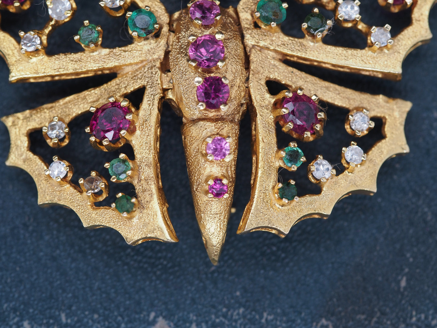 14K Yellow Gold Butterfly Brooch with Hinged Wings and Diamonds, Rubies, Emerald