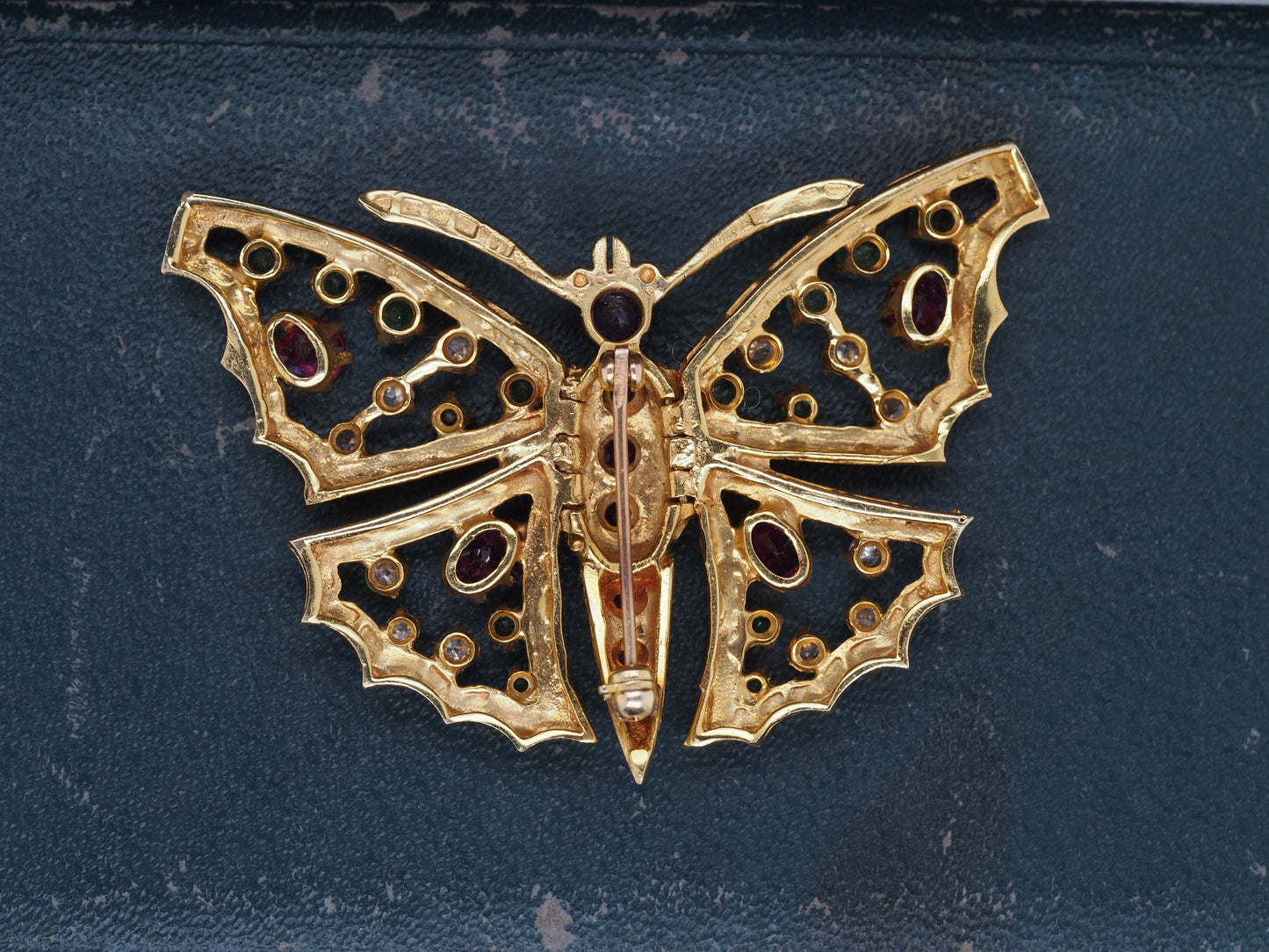 14K Yellow Gold Butterfly Brooch with Hinged Wings and Diamonds, Rubies, Emerald