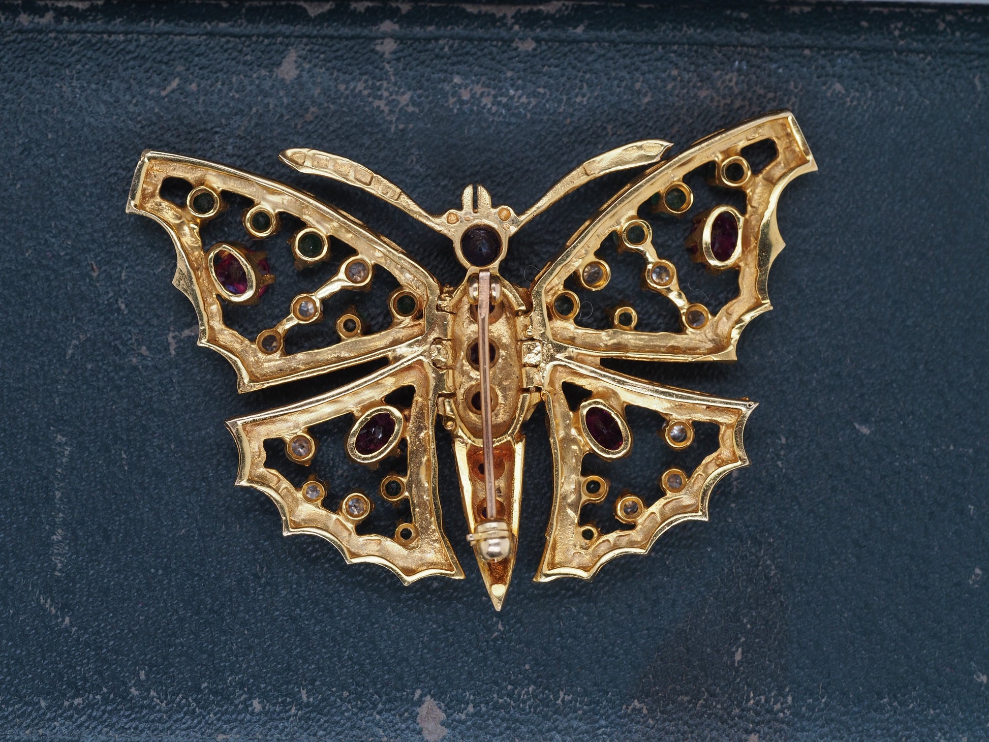 14K Yellow Gold Butterfly Brooch with Hinged Wings and Diamonds, Rubies, Emerald