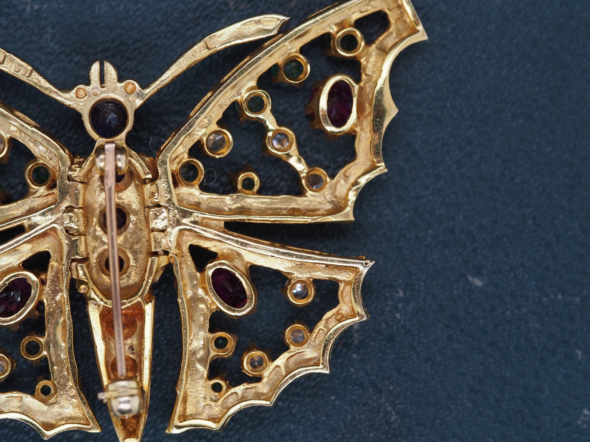 14K Yellow Gold Butterfly Brooch with Hinged Wings and Diamonds, Rubies, Emerald