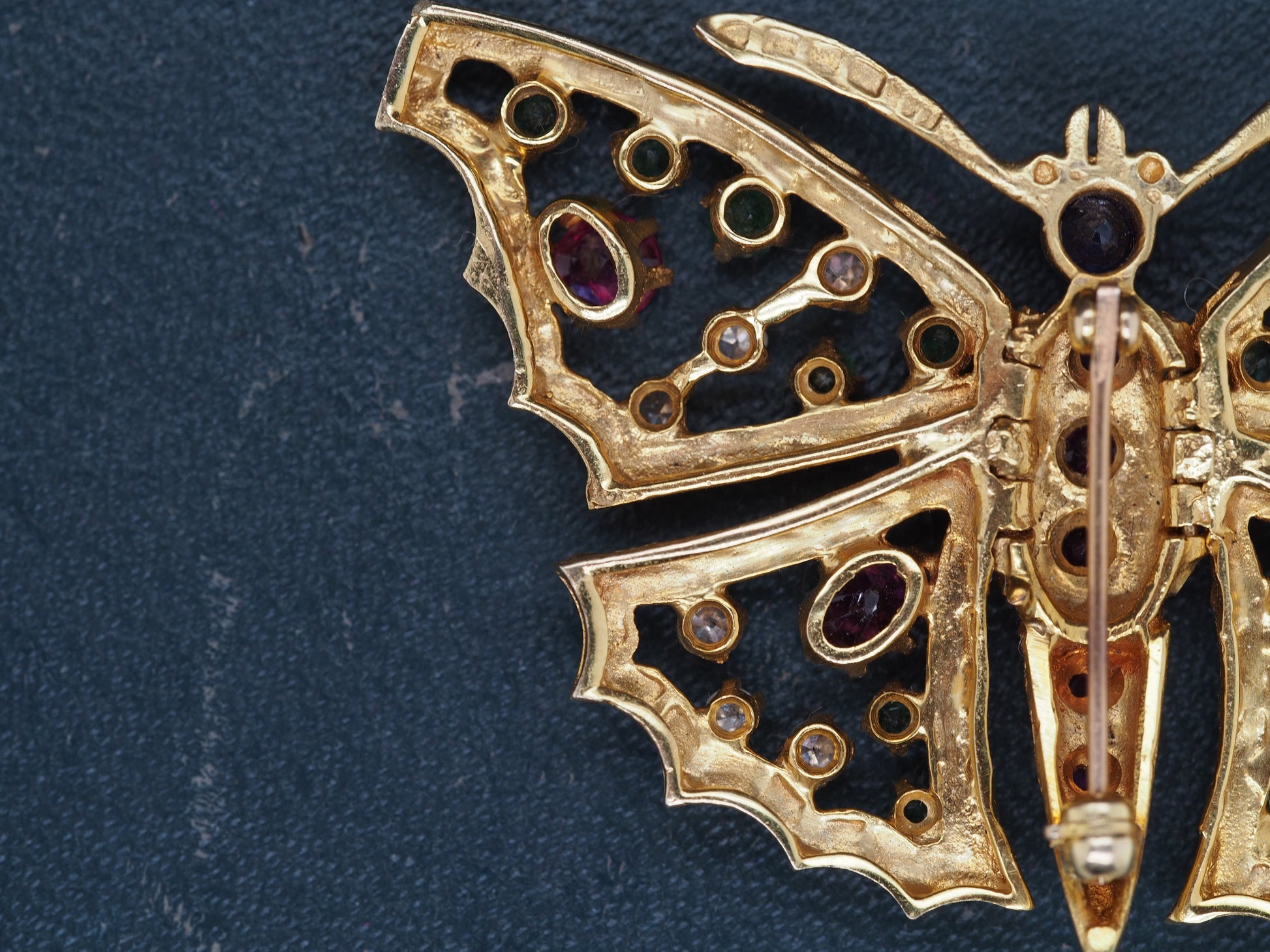 14K Yellow Gold Butterfly Brooch with Hinged Wings and Diamonds, Rubies, Emerald