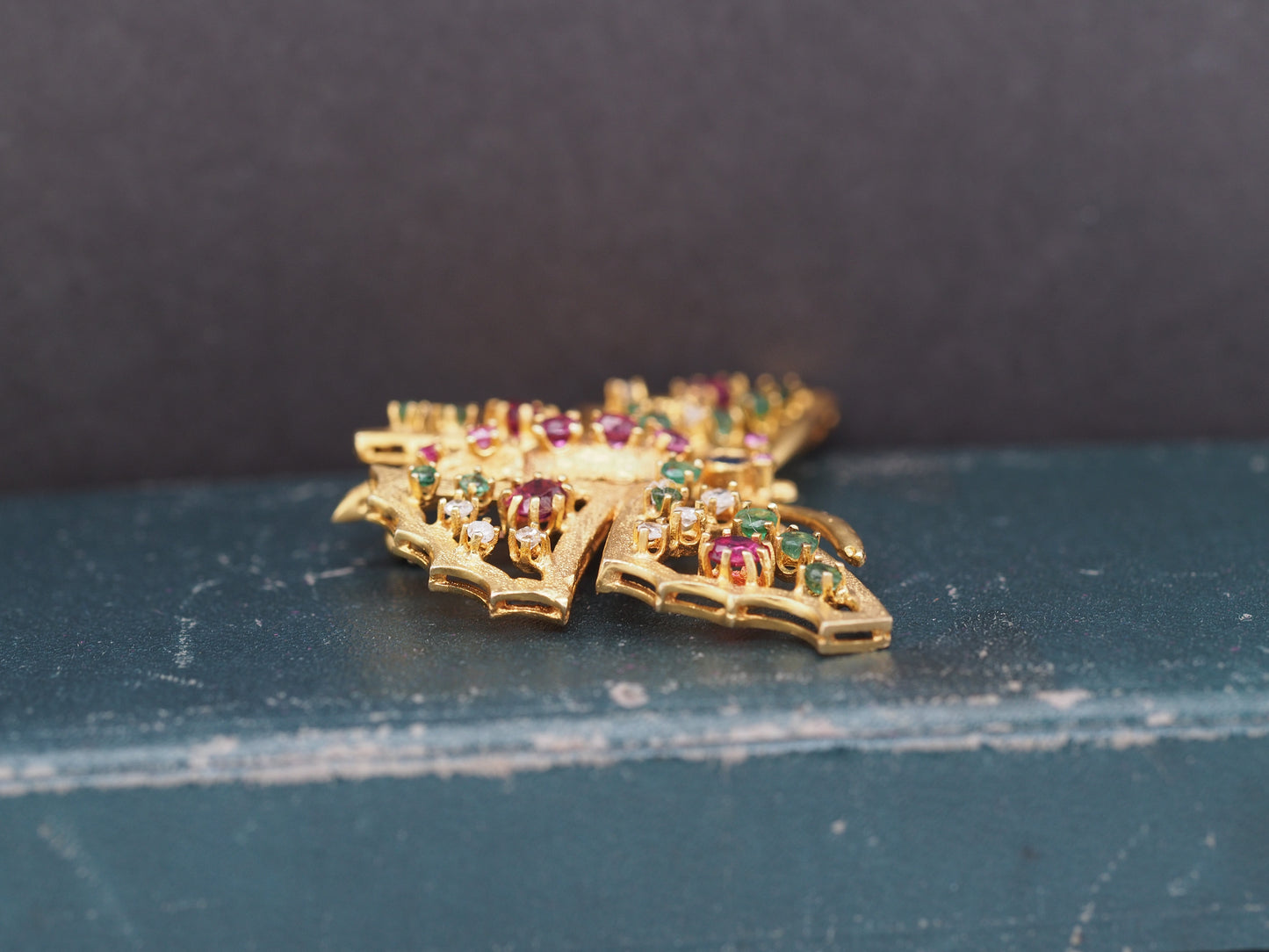 14K Yellow Gold Butterfly Brooch with Hinged Wings and Diamonds, Rubies, Emerald