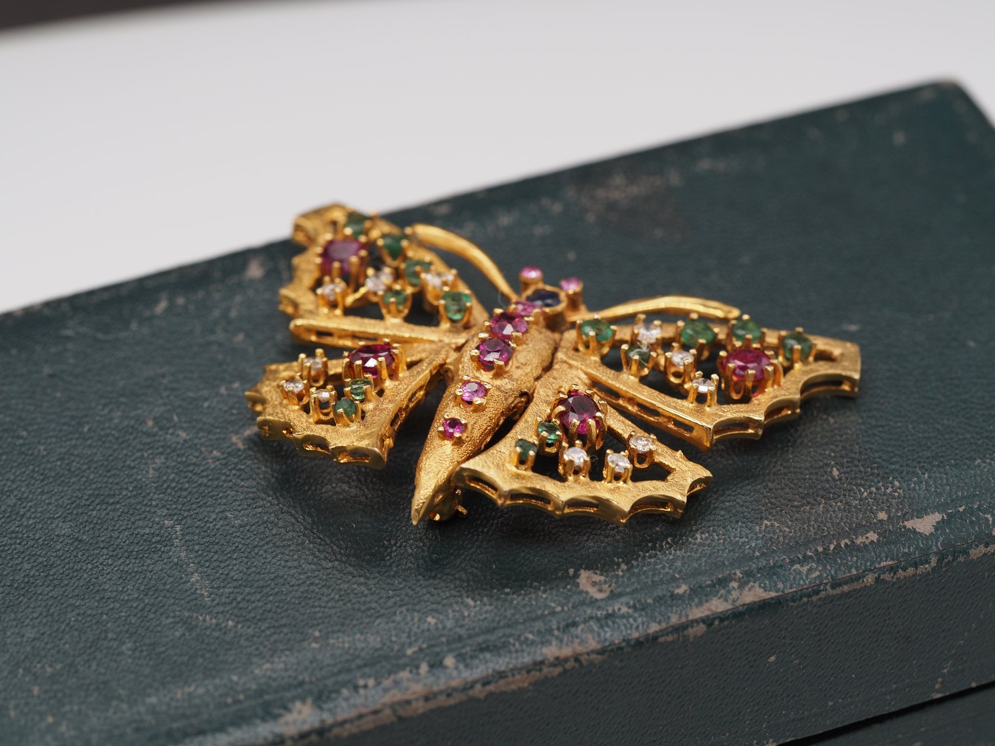 14K Yellow Gold Butterfly Brooch with Hinged Wings and Diamonds, Rubies, Emerald