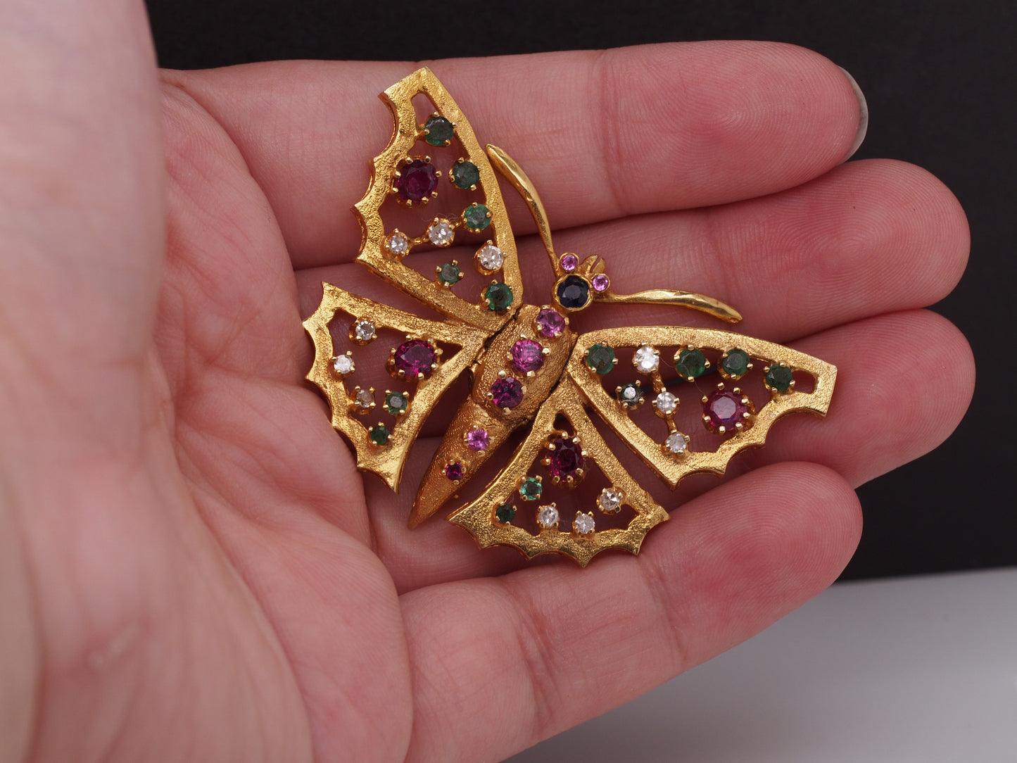 14K Yellow Gold Butterfly Brooch with Hinged Wings and Diamonds, Rubies, Emerald