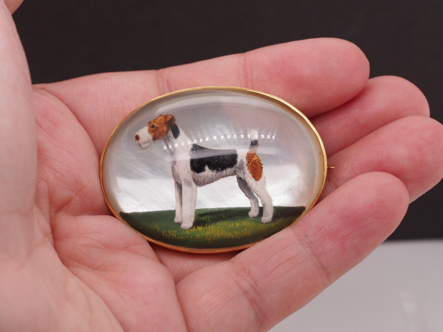 Circa 1900s 18K Yellow Gold Reverse Crystal Terrier Dog Brooch