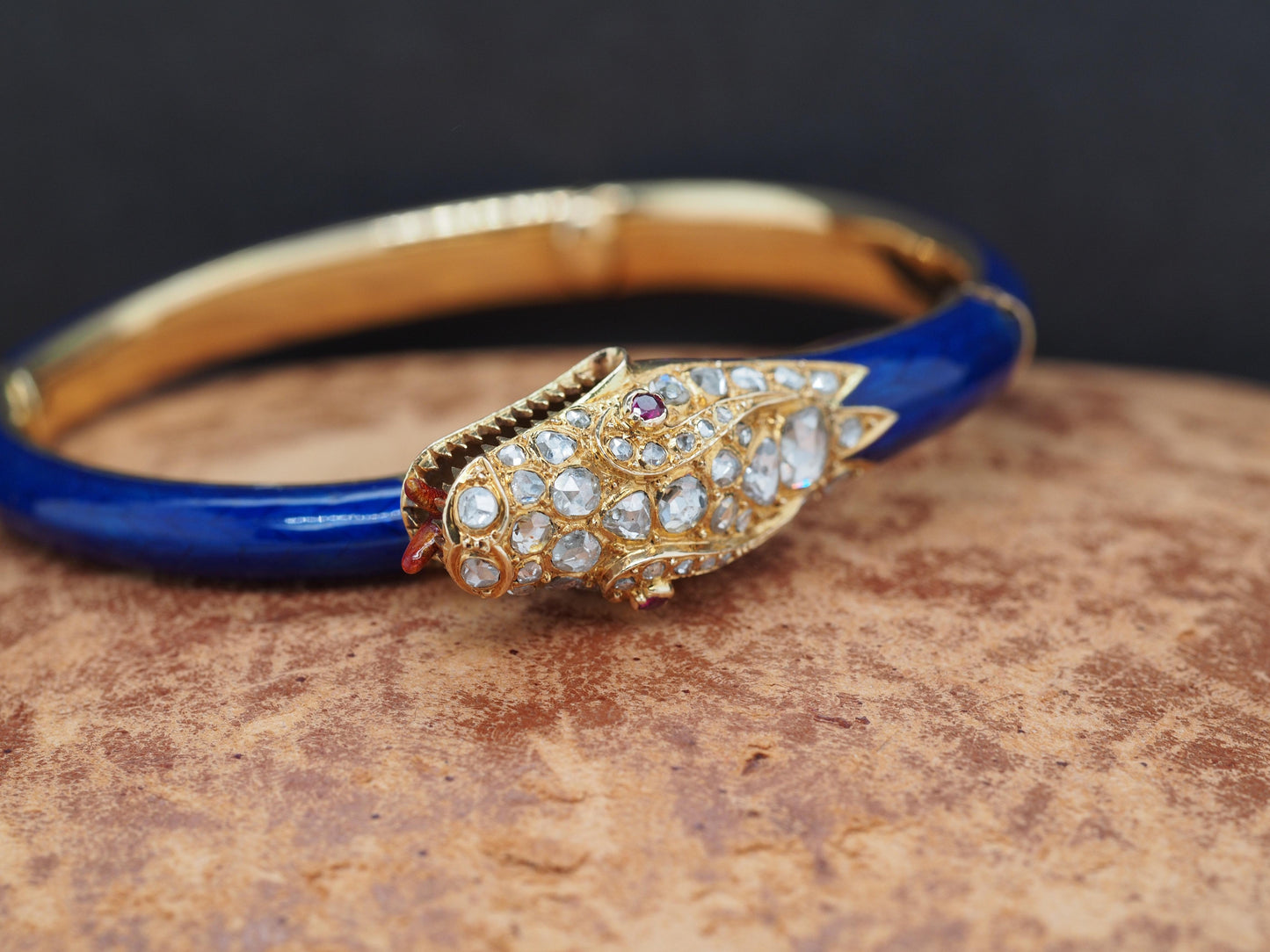 Circa 1900s Edwardian Enamel and Rose Cut Diamond Dragon Bangle