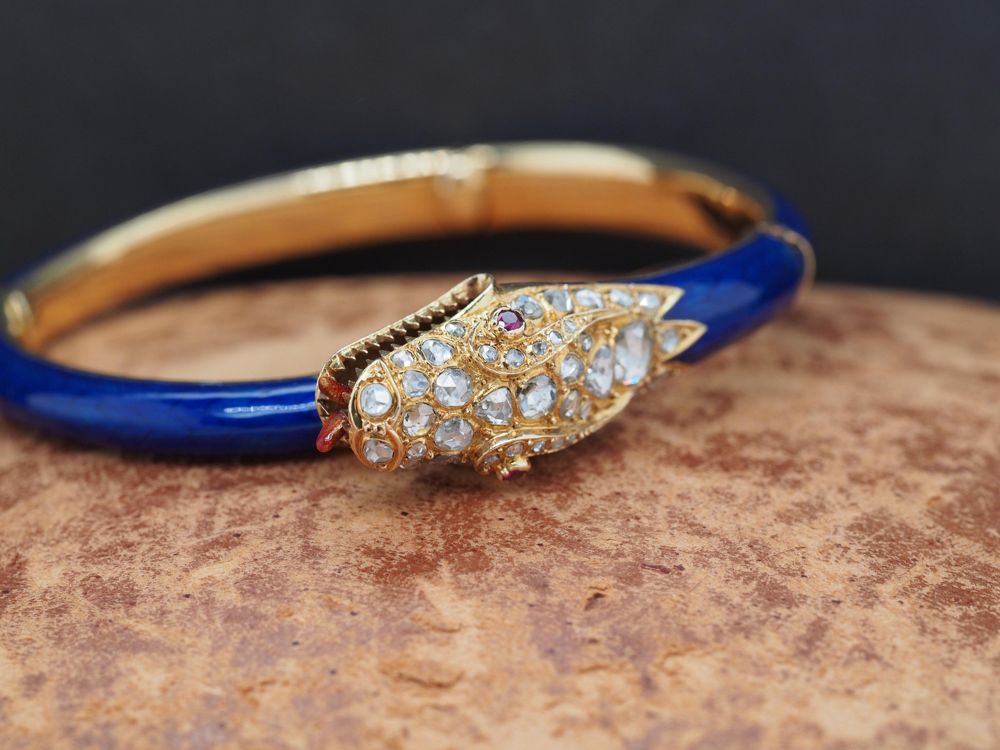 Circa 1900s Edwardian Enamel and Rose Cut Diamond Dragon Bangle