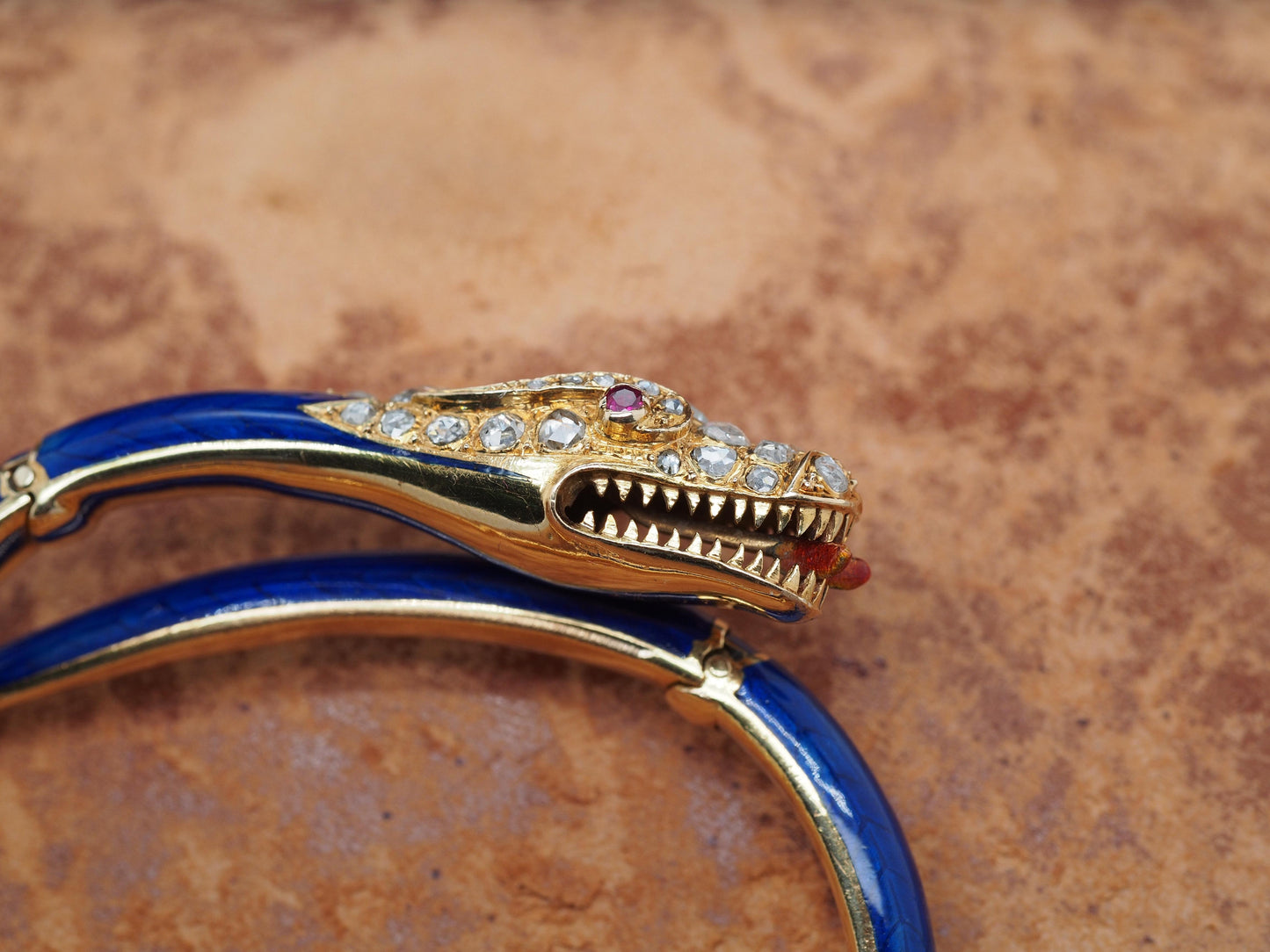 Circa 1900s Edwardian Enamel and Rose Cut Diamond Dragon Bangle