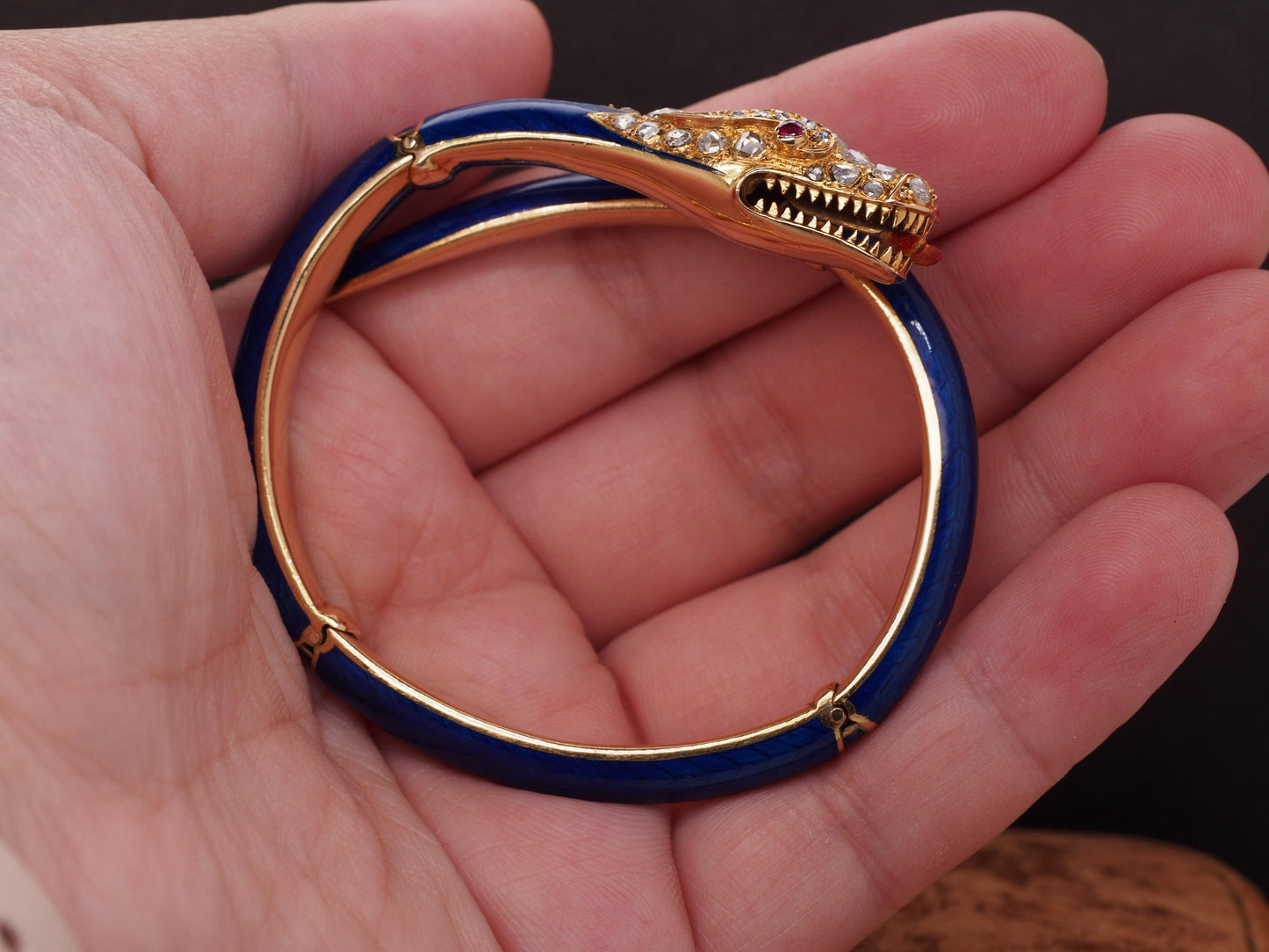 Circa 1900s Edwardian Enamel and Rose Cut Diamond Dragon Bangle