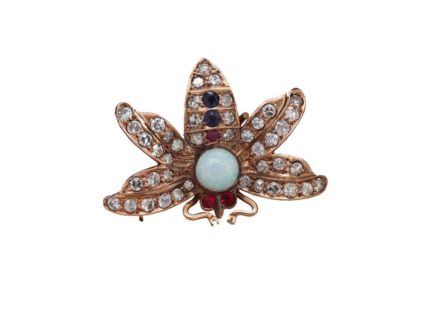 Circa 1900s 14K Yellow Gold Opal, Diamond, Sapphire and Ruby Butterfly Brooch