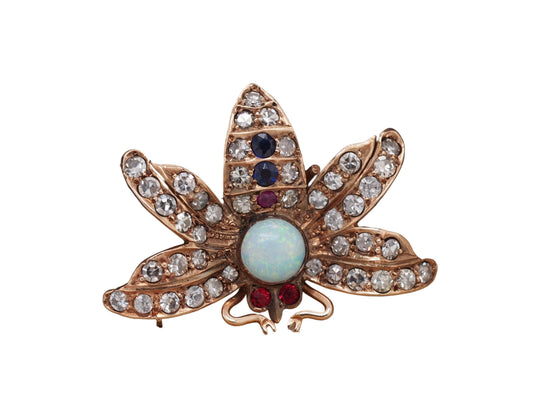 Circa 1900s 14K Yellow Gold Opal, Diamond, Sapphire and Ruby Butterfly Brooch