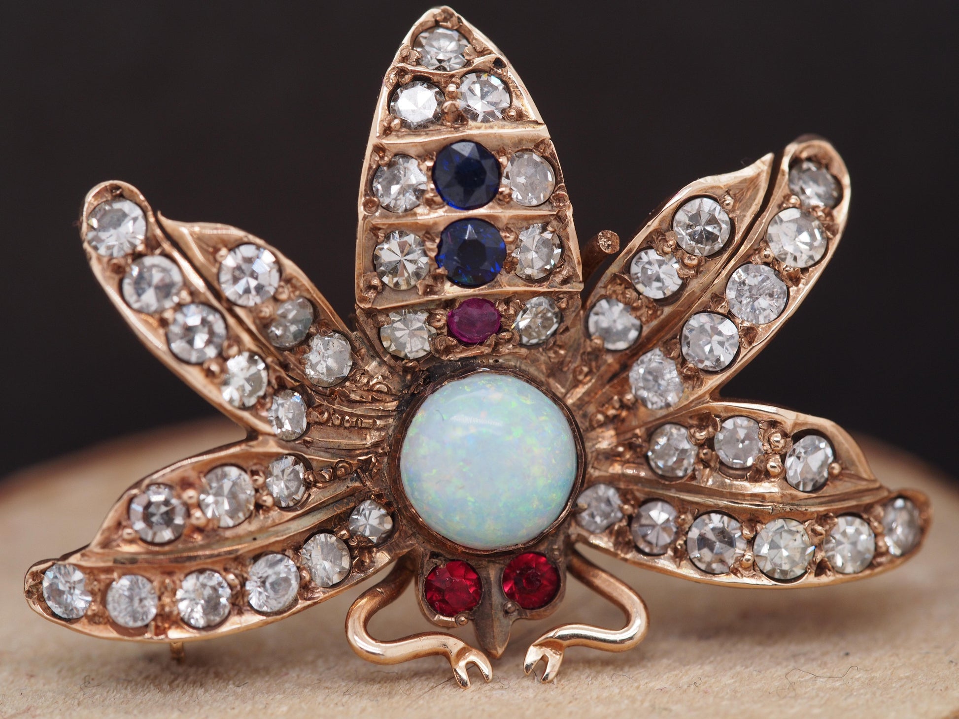 Circa 1900s 14K Yellow Gold Opal, Diamond, Sapphire and Ruby Butterfly Brooch