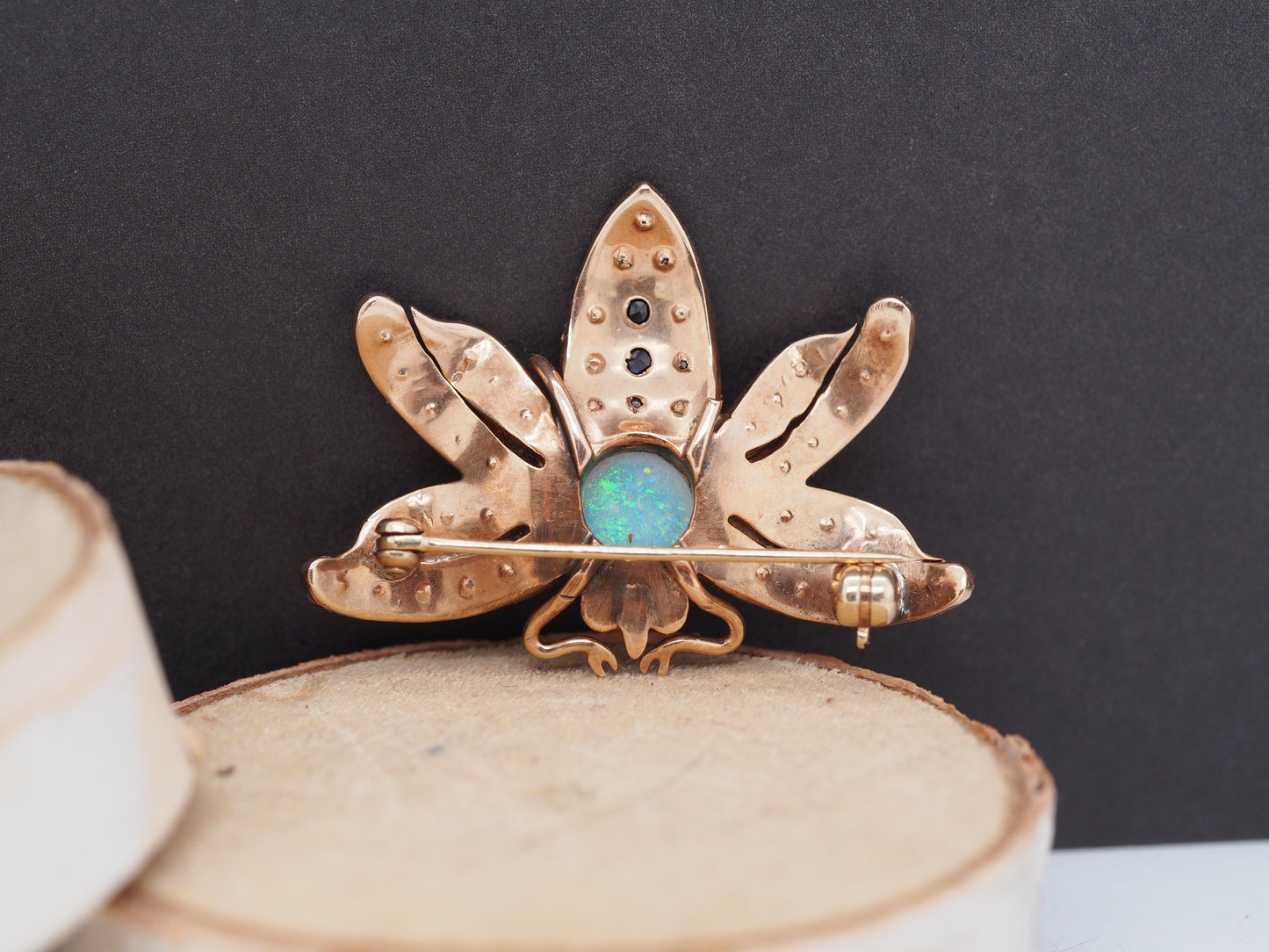 Circa 1900s 14K Yellow Gold Opal, Diamond, Sapphire and Ruby Butterfly Brooch