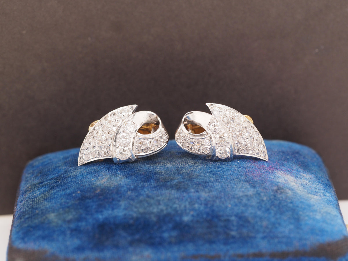 1960s Platinum and 18K Yellow Gold Clip Earrings w Rose Cut Diamonds - VHK#121a