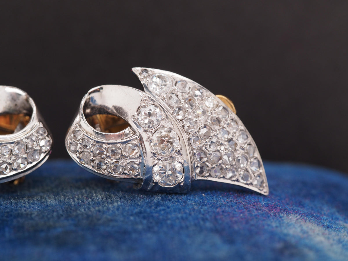 1960s Platinum and 18K Yellow Gold Clip Earrings w Rose Cut Diamonds - VHK#121a