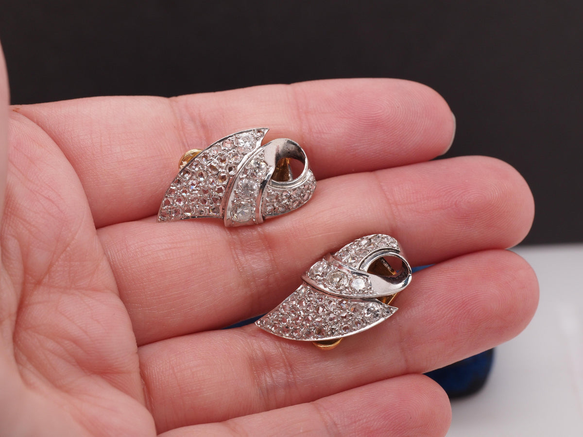 1960s Platinum and 18K Yellow Gold Clip Earrings w Rose Cut Diamonds - VHK#121a