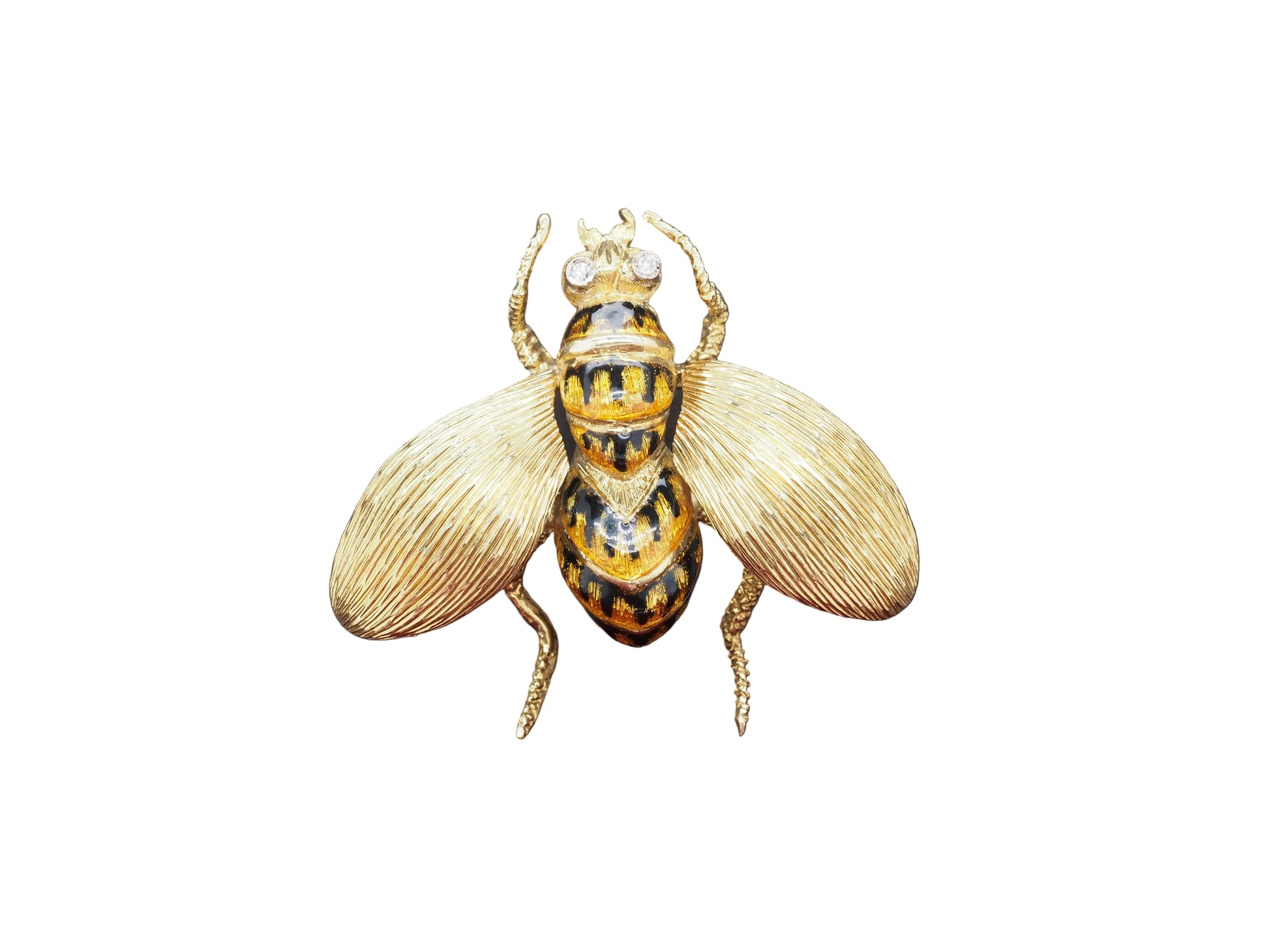 18K Yellow Gold Enamel and Diamond Eyes Fly Brooch Pin Large Size